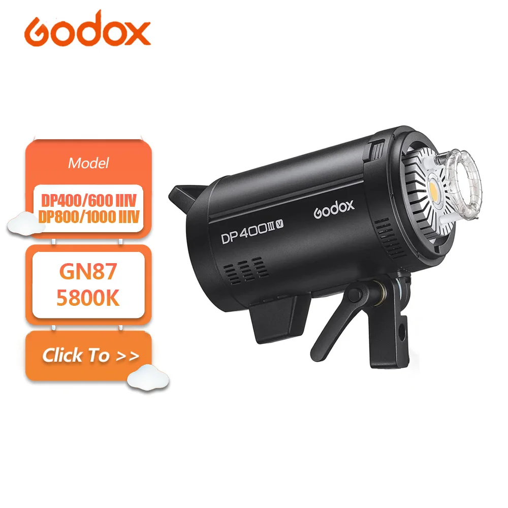 

Godox DP400IIIV DP600IIIV DP800IIIV DP1000IIIV Professional Studio Flash GN87 5600±200K Strobe Lighting Built-in 2.4G X System