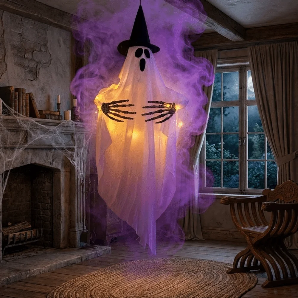 Movie Props Hanging Wizard Hat Ghost Creepy Decorative Glowing White Ghost Spooky LED Ghosts Haunted House