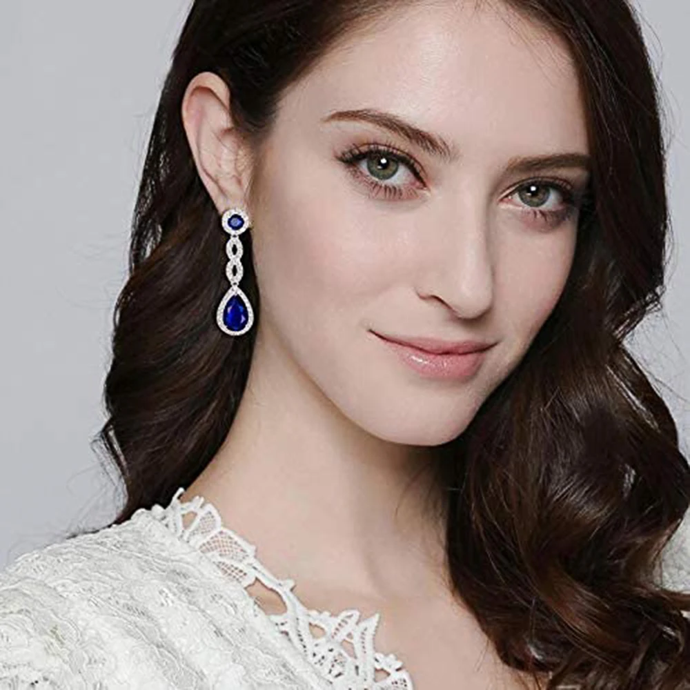 Huitan Temperament Blue Cubic Zirconia Long Hanging Earrings for Women Luxury Elegant Bride Wedding Party Earrings New Jewelry