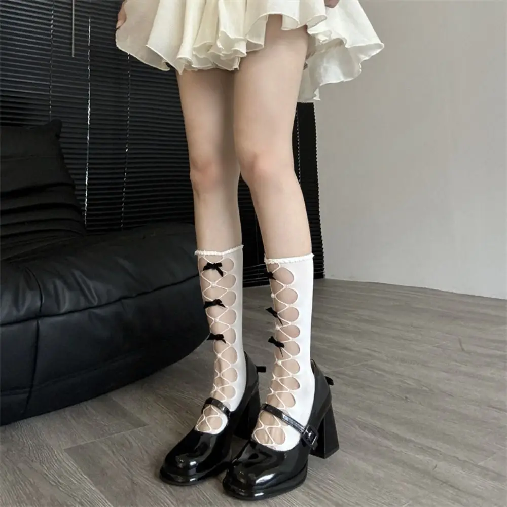 New Hollow Out Fishnet Socks Thin Fabric Bow Decor Net Stockings Ruffle Trim Bow Socks Daily Outfits