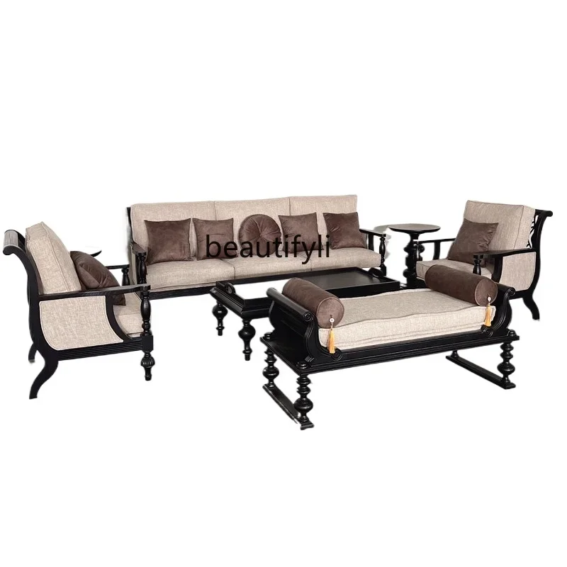 American light luxury solid wood sofa villa living room custom combination soft bag fabric sofa French retro coffee table