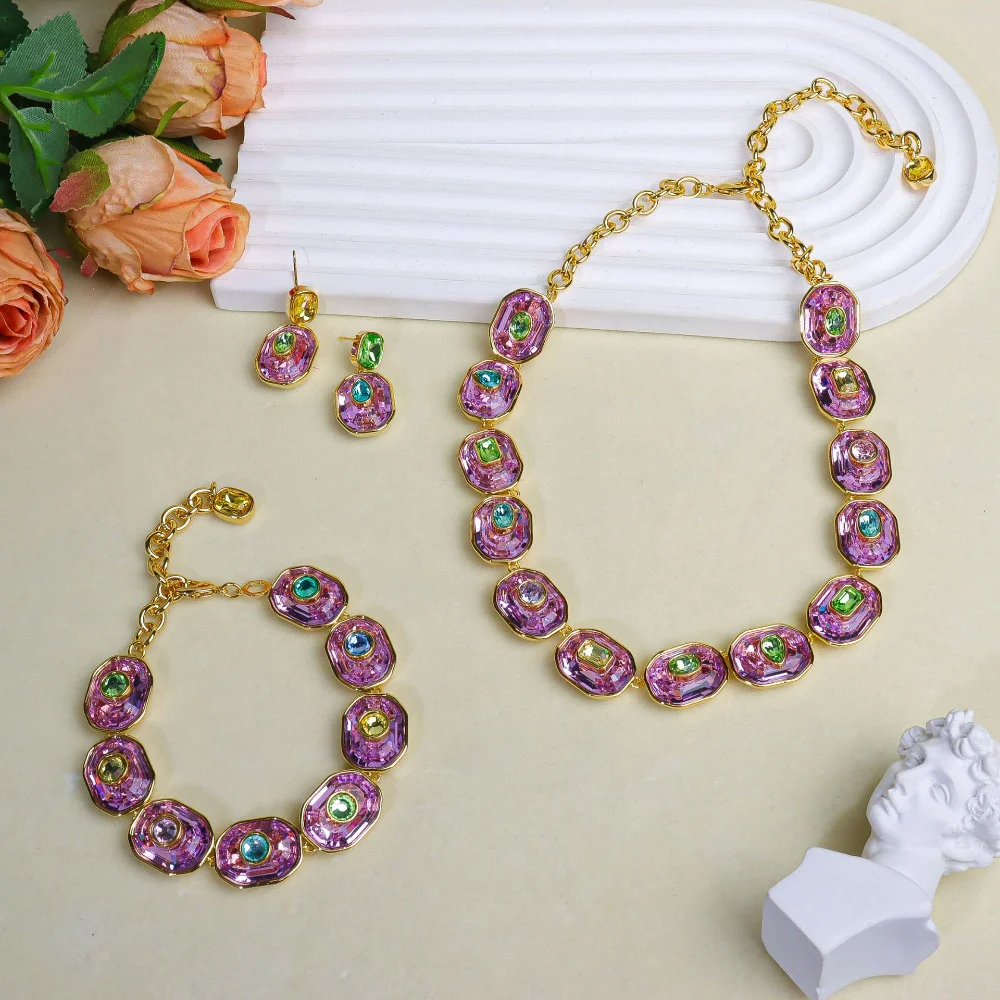 

Brand new crystal micro-paved zircon stud earrings, bracelet, and necklace set with stylish and trendy design for women