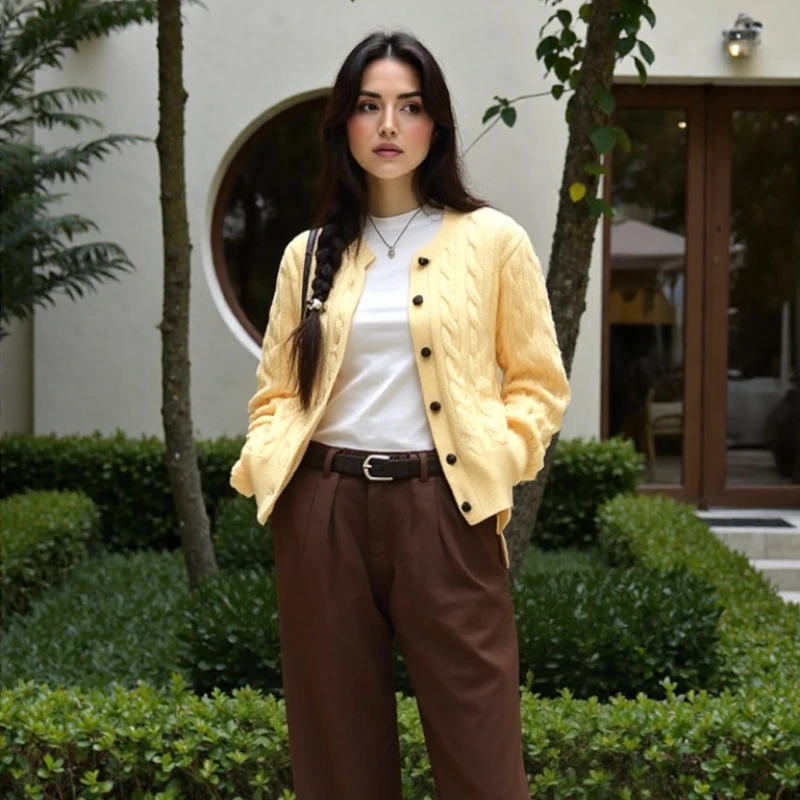 

New 2025 Women's Autumn and Winter Crew Neck Long Sleeve Cardigan Sweater Elegant Fashion Knitwear Office Top