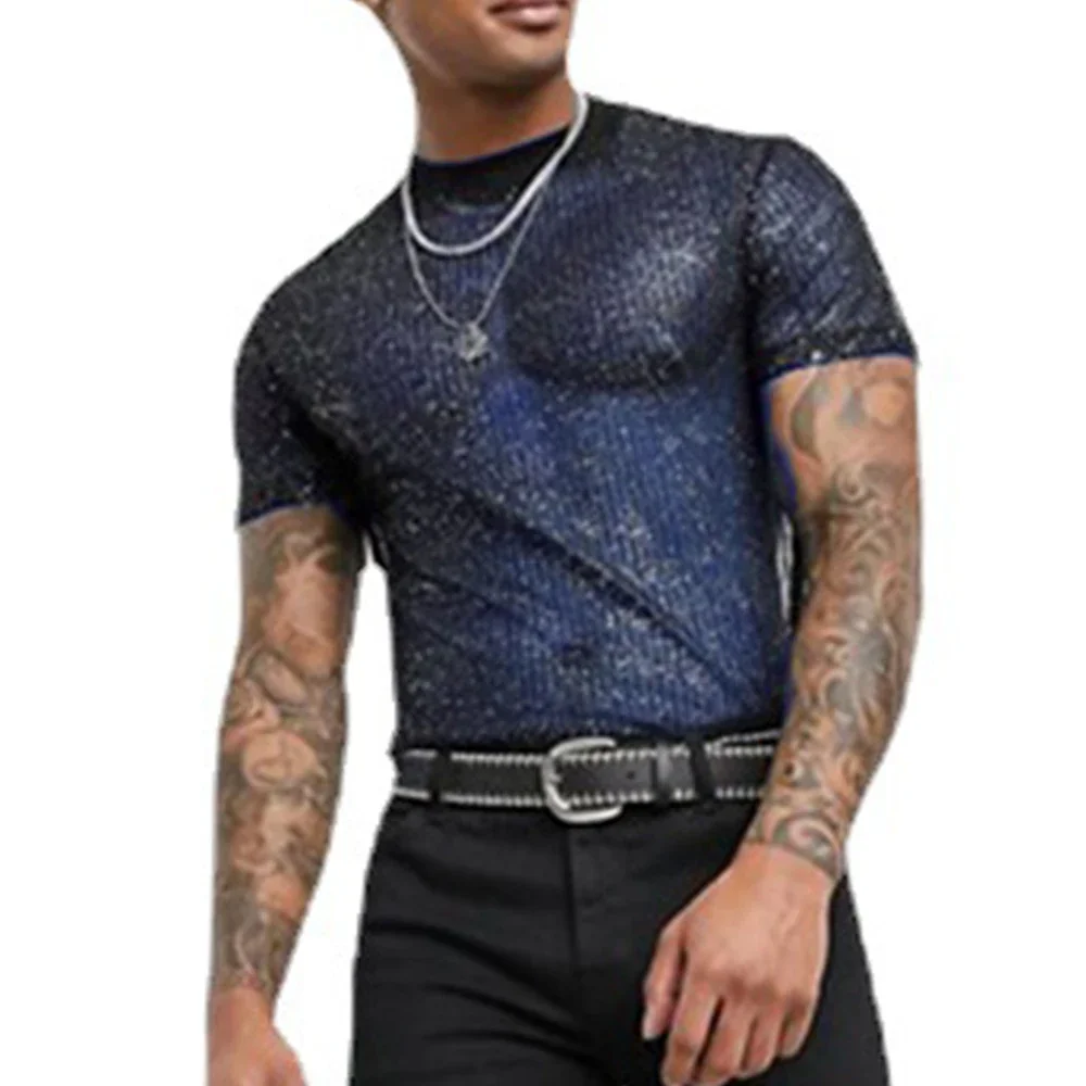 Durable High Quality 1*Top Men Sexy Shiny Short Sleeve Top Te Club Black/Blue Button-Down Shirts Mesh Shirts Party