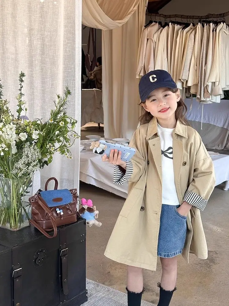 소녀의 트렌치 코트 봄과 가을 어린이 서양 영국 스타일 중간 길이 재킷 110-160cm