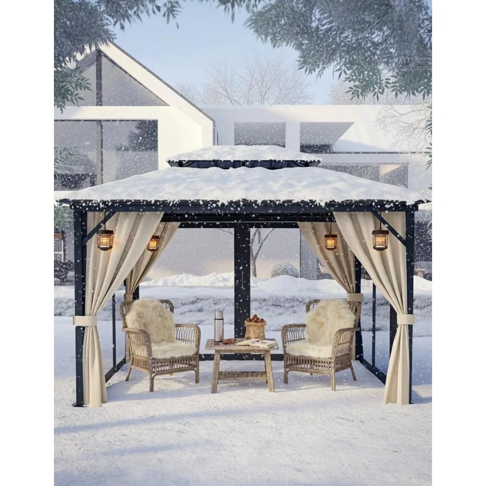 

10 ft x12 ft Hardtop Gazebo for All Weather, with Double Metal Roof, Aluminum Alloy Frame, Net, and Curtain