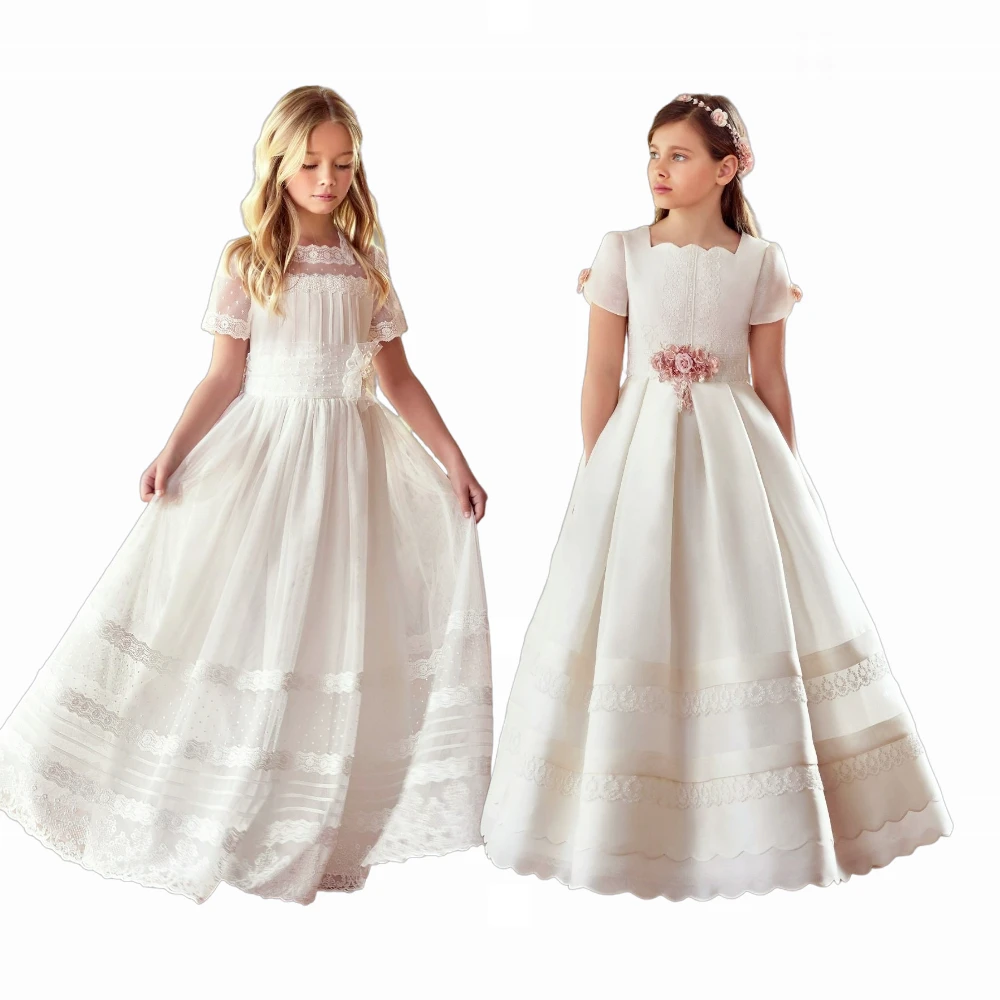 Erstkommunion-Kleider, elegantes Blumenmädchenkleid, Hochzeitsball, Tüll-Applikationen für Festzug, Kindergeburtstag, Prinzessin, Bankettkleider