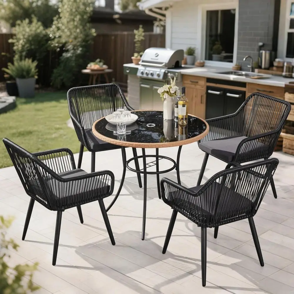 

Round Black Outdoor Wicker Patio Dining Set with Glass Table and Waterproof Cushions for 4