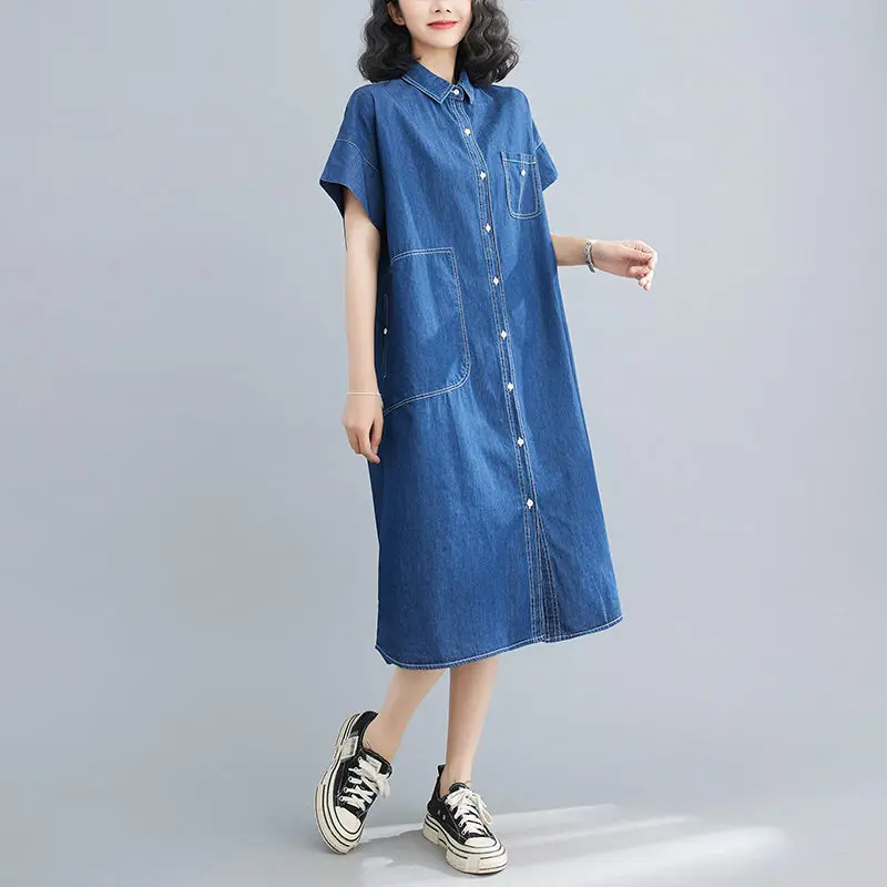 Large Size Denim Shirt Dress Women 2023 Summer New Open Line Decoration Casual Single Breasted Female Robe Jeans Vestidos Z1482