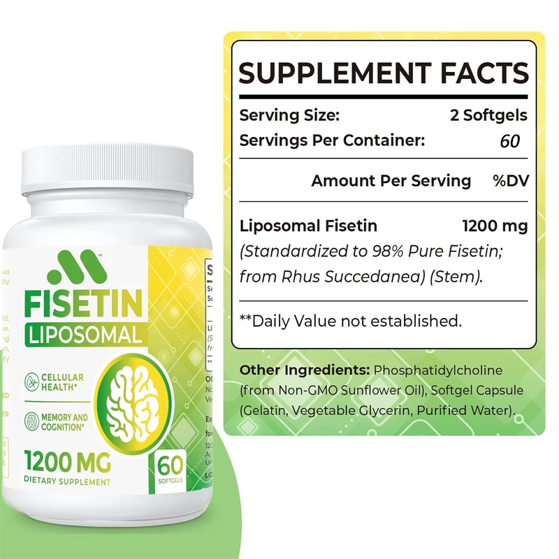 Pure Fisetin Antioxidant Supplements, Saúde Imunológica Antioxidante, Suporte Cognitivo ao Envelhecimento, Não OGM, 1200mg, 60 Cápsulas