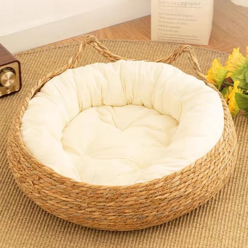 Cat Bed Pet Nest Pure Manual Rattan Woven Cattailgrass Cat Scratch Board Removable Washable Winter Warm Pad All-seasonPet