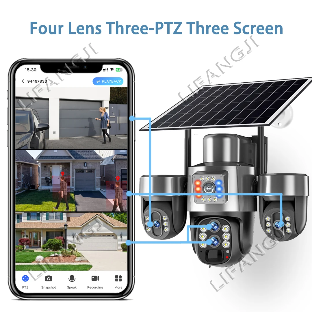 4 Lens 10X Optische Zoom Solar Camera Buiten 20MP Buiten 3 PTZ Schermen 4G Sim Wifi Beveiligingscamera's Auto Tracking CCTV Camera V380 - afbeelding 2