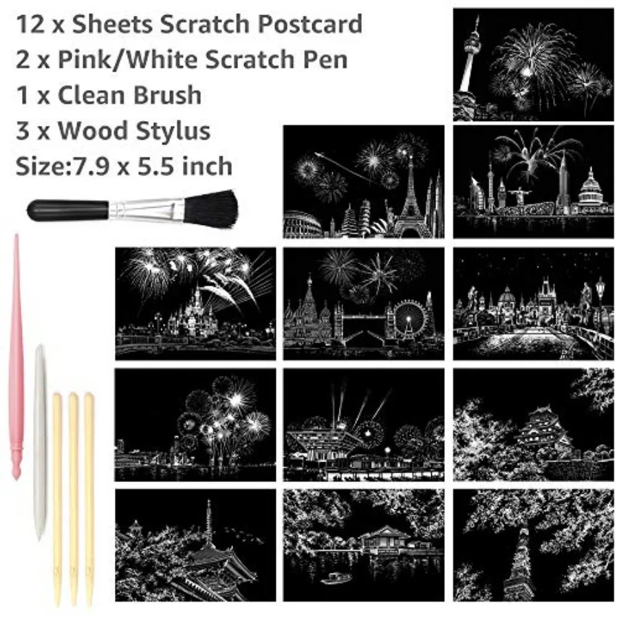 Magic Scratch Art Paper, Mini Envelope Postcard, Rainbow Night View Scratchboard for Adults and Teens, Art and Crafts Set: 12 S