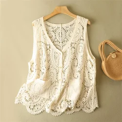 New Women Solid Vest Fashion Elegant Lady Hollow Out Vests Big Size Female Slim Sleeveless Coat Jackets Short Paragraph WZ2333