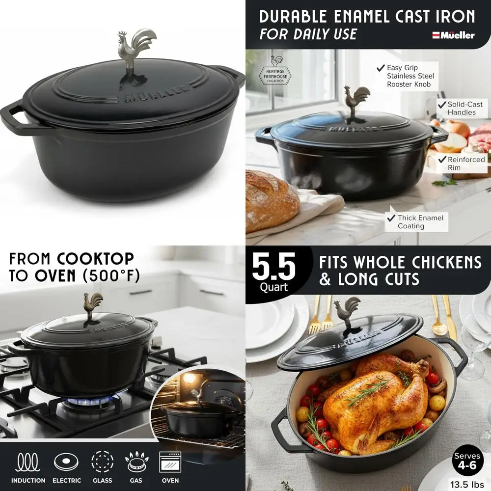 

Овальная голландская духовка из эмалированного чугуна, 5,5 литра, сверхпрочная посуда, ручка для петуха, безопасная для духовки до 500 лет. ° F, подходит для всех приготовления пищи