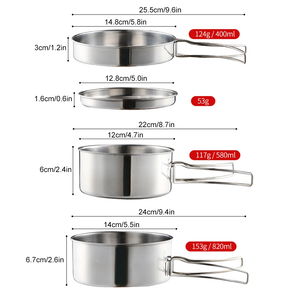 4pcs/set Outdoor Camping Cookware Stainless-Steel Bowl Pot Set Portable Outdoor Tableware for Hiking Backpacking Cooking Picnic