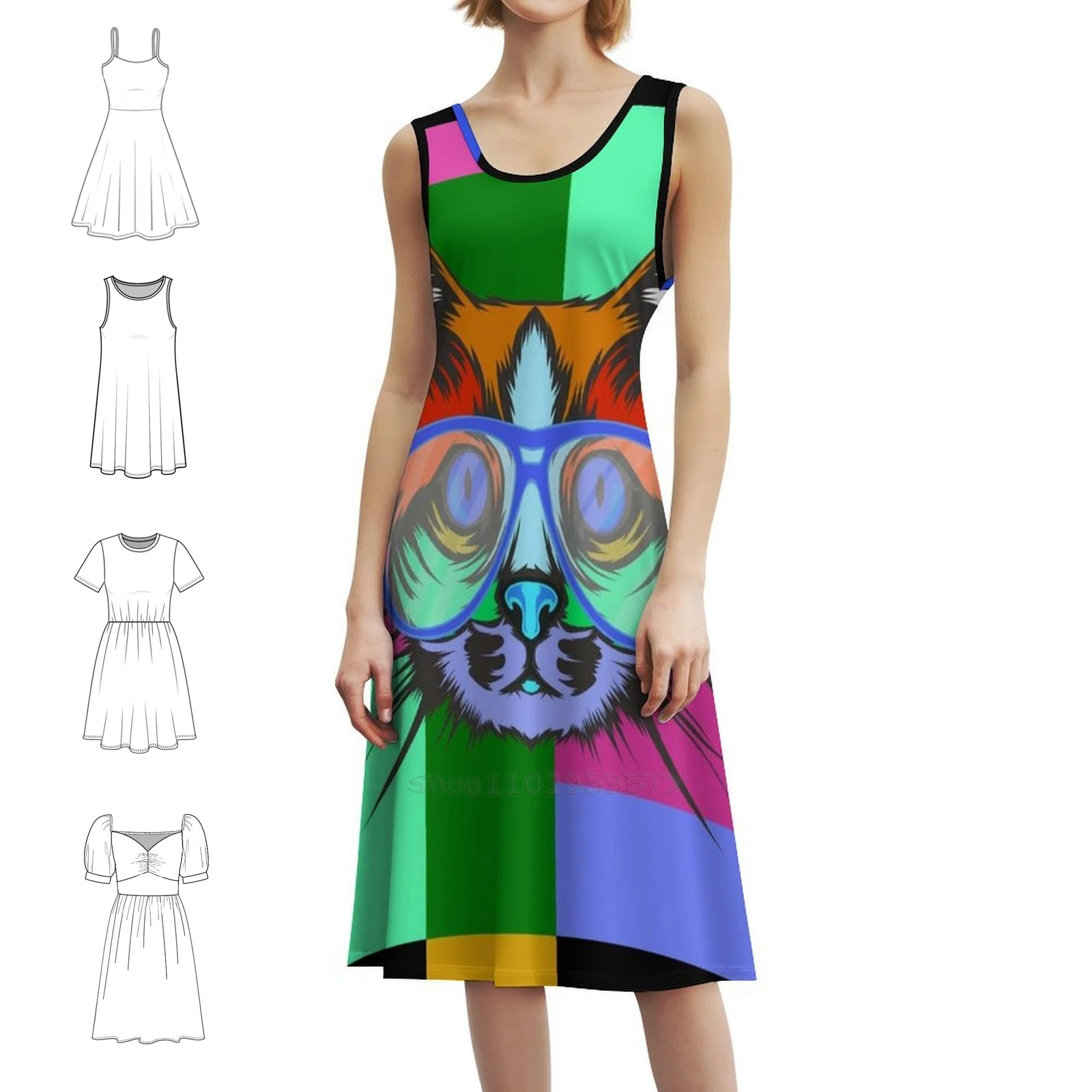 فستان كيتي بوهيمي بدون أكمام متعدد الطباعات لحفلات العطلات على الشاطئ، فستان كات كيتي كات مع نظارات ملونة لفن البوب، فستان سهرة #1