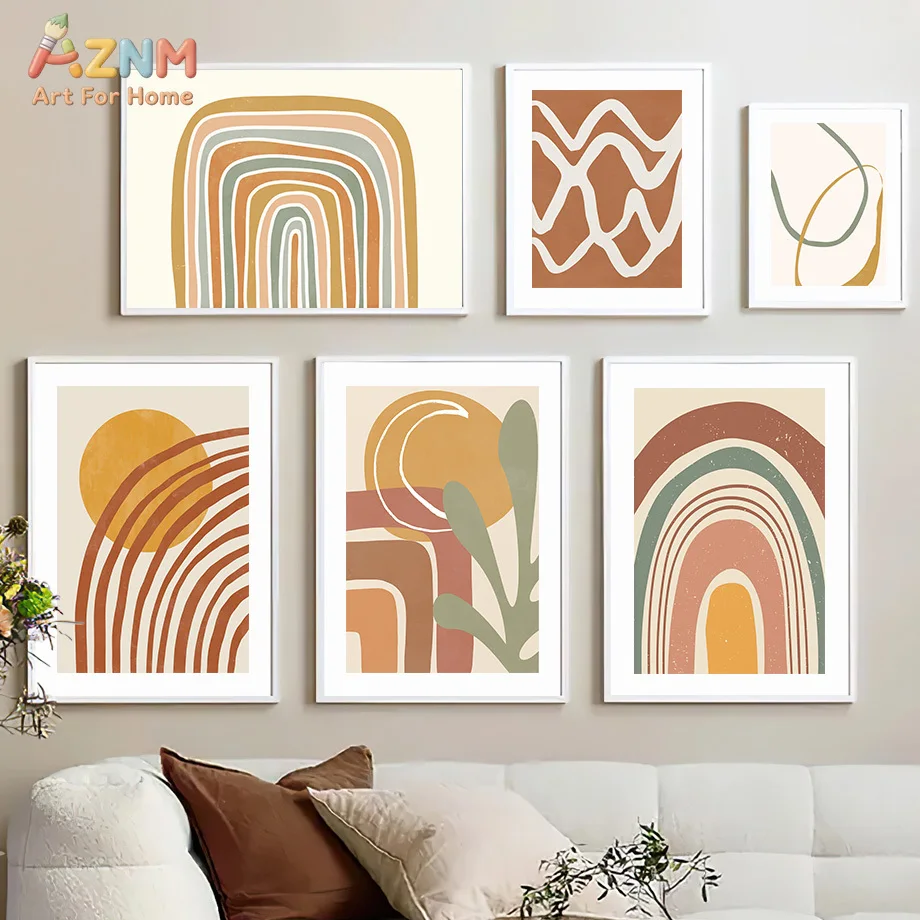 AZNM Boho Earth Tone Rainbow Geometric Botanical Canvas Wall Art Modern Abstract Neutral Unframed Painting For Living Room Home