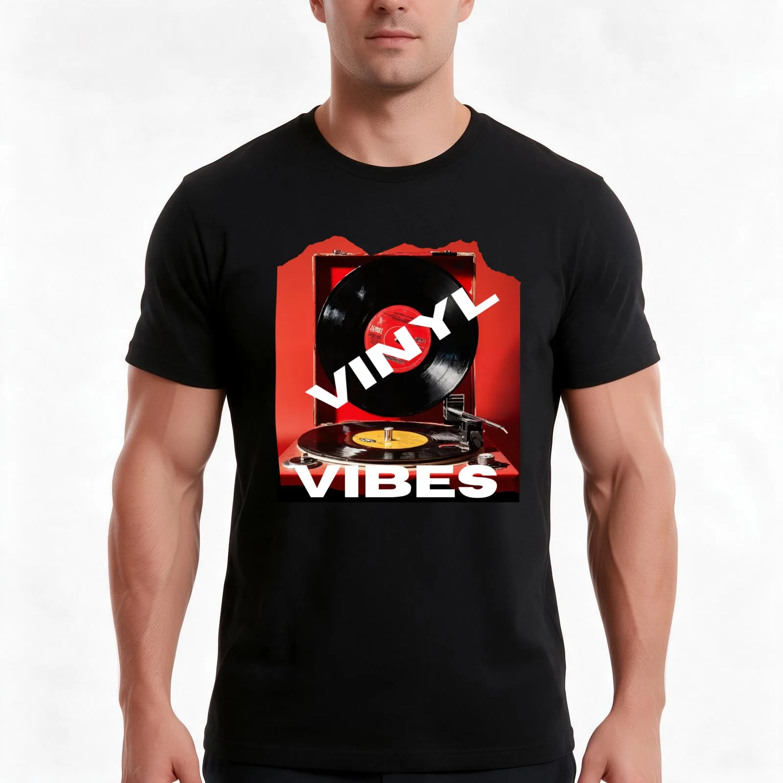 Vinyl Vibes Record Player Design #1255 T-Shirt, Summer Casual Cotton Tee, Oversized Streetwear Tops, Vintage Graphic Print