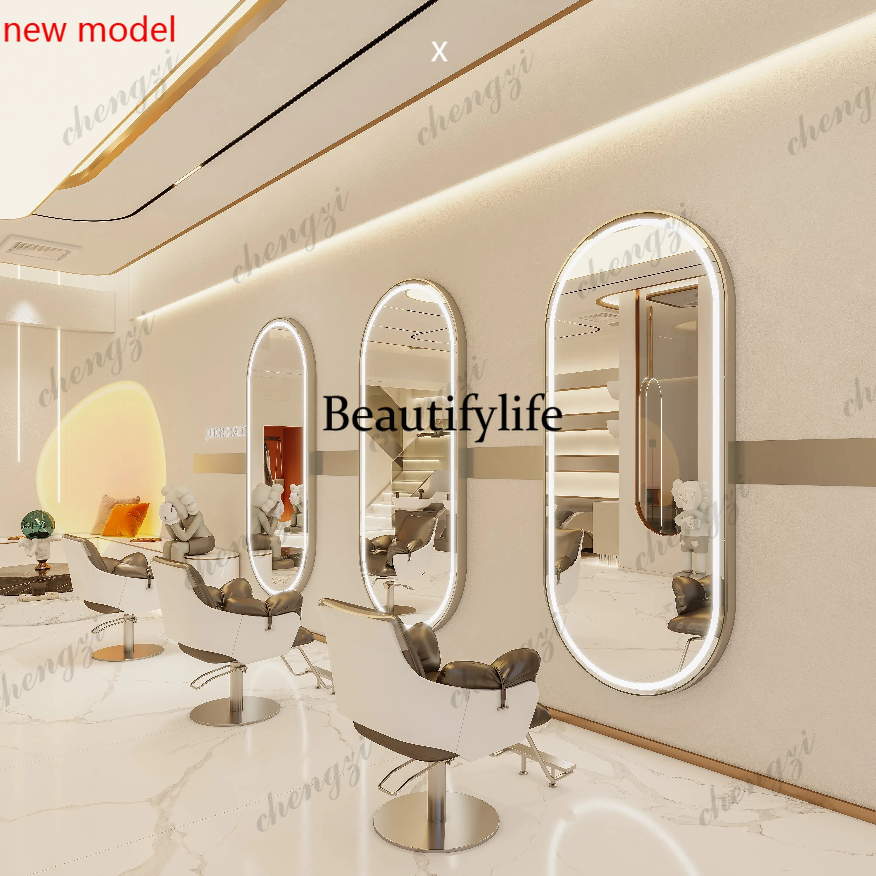 DD182Double-sided hairdressing mirror table marble base stainless steel frame floor mirror