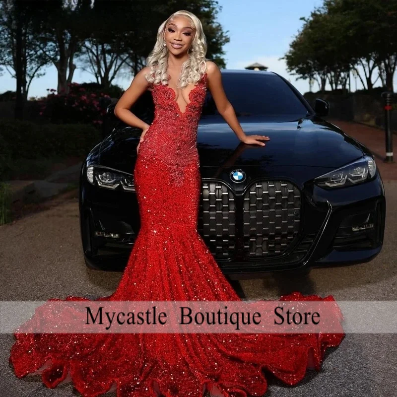 Vestido De graduación largo De lentejuelas rojas personalizado con diamantes para niñas negras, Vestido De Reina De cumpleaños africano con cuentas De cristal, Vestido De Noche