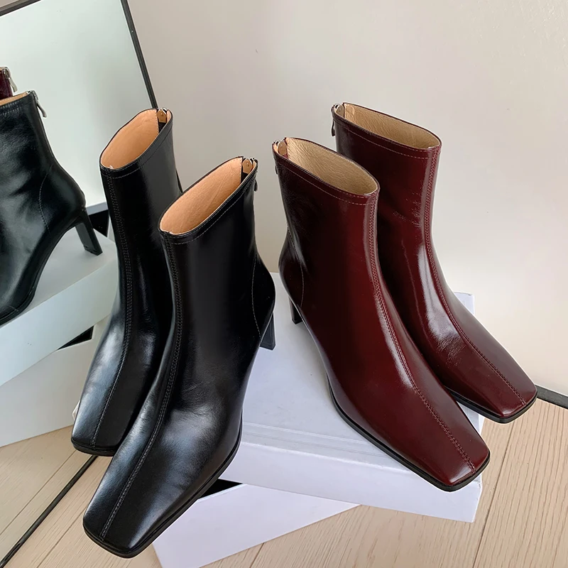 Qutaa Nachrichten Frauen Stiefeletten sexy klobige Ferse quadratische Zehen Herbst Winters tiefel Low Heels Echt leder Schuhe Größe 34-39