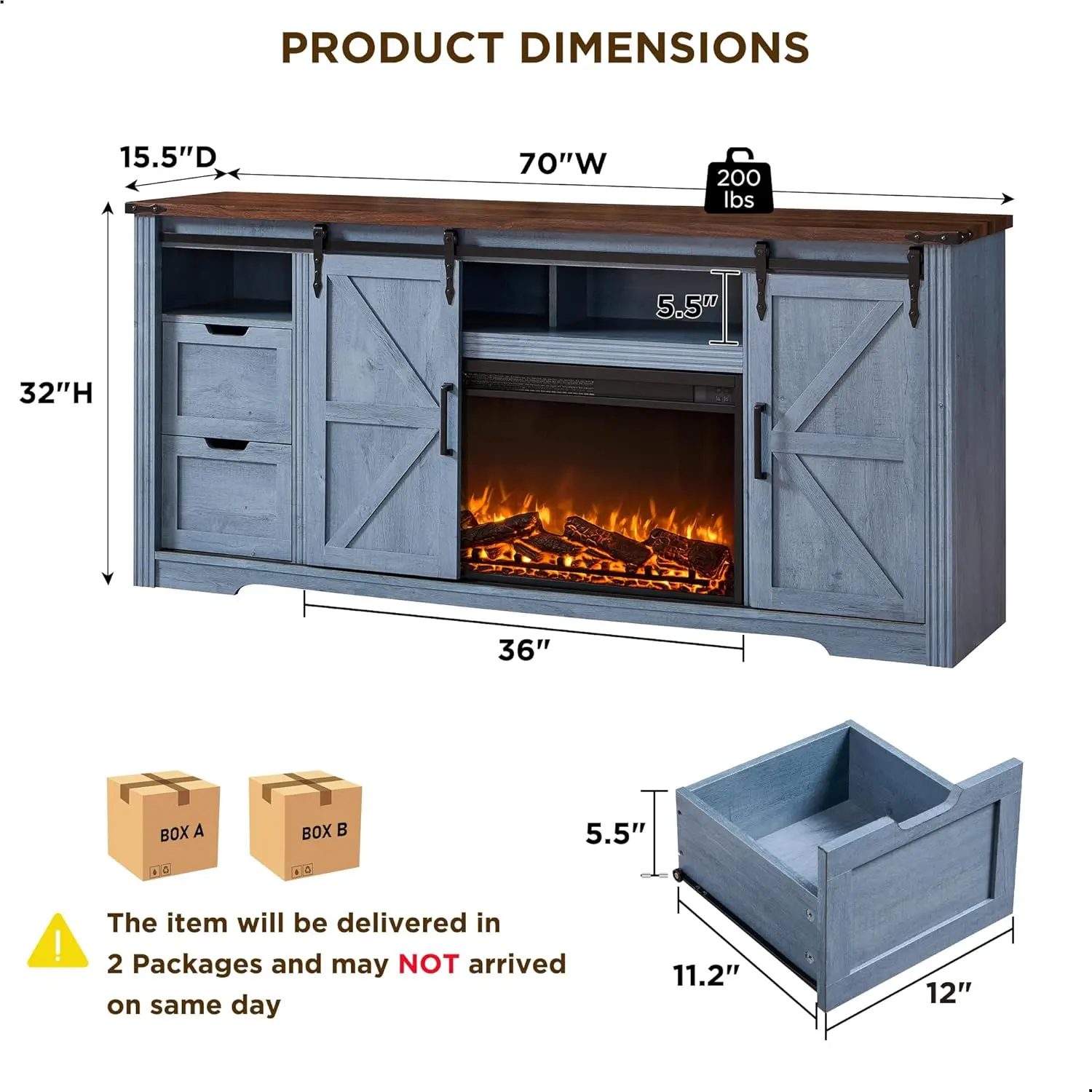 Fireplace TV Stand for 80 Inch TV, Farmhouse Entertainment Center with 36