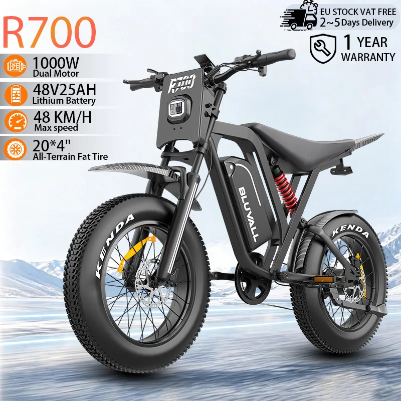 R700 E-Bike 1000W Motor 48V25AH Herausnehmbarer Akku Hydraulische Bremse Elektrofahrrad 20*4 Zoll Offroad-Reifen Elektro-Mountainbike für Erwachsene