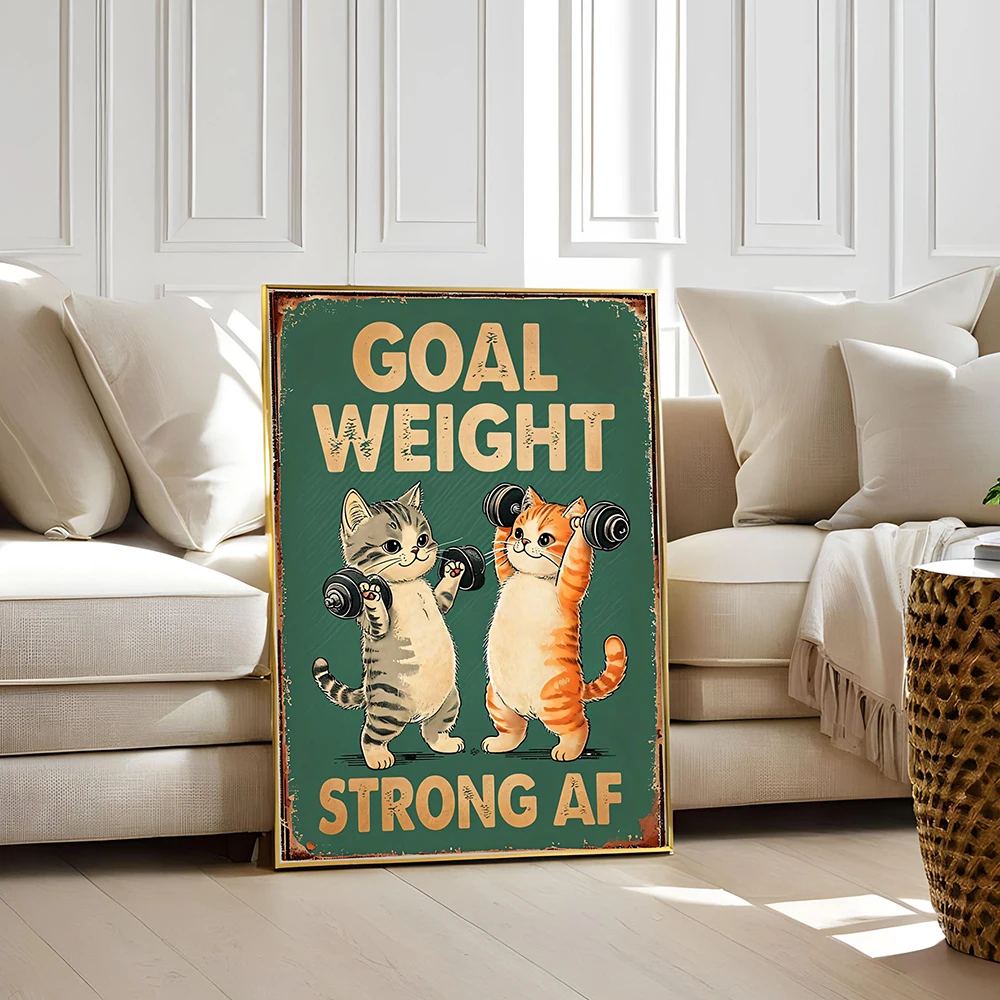 Vintage Gym Cats Goal Weight Posters Canvas Painting Workout Inspiration Fitness Humor Wall Art Pictures for Living Room Decor