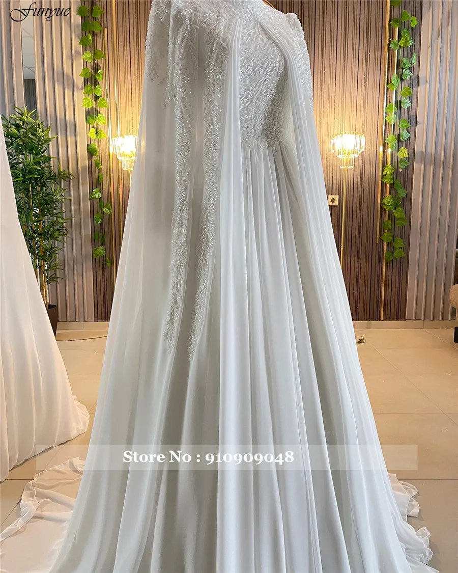 Funyue Luxury Long Sleeves Muslim A-Line Wedding Dress 2026 Beaded Chiffon High Neck Arabic Bride Gowns with Cape Robe De Mariée