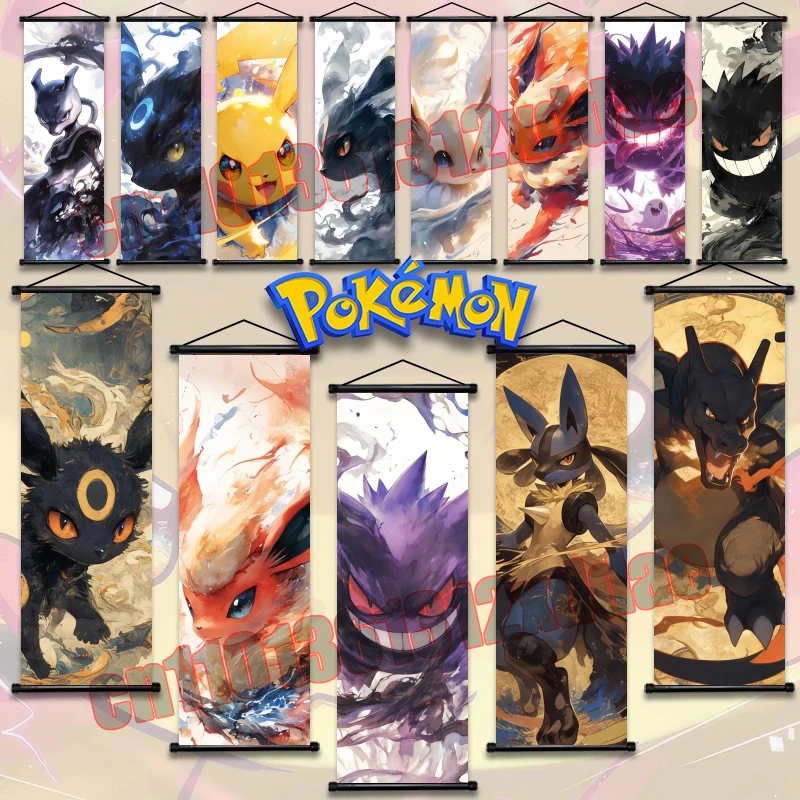 

Pokemon Anime Poster Scroll Painting, Pikachu, Charizard, Eevee, Gengar, Mewtwo, Room Art White Canvas Painting Wall Decoration