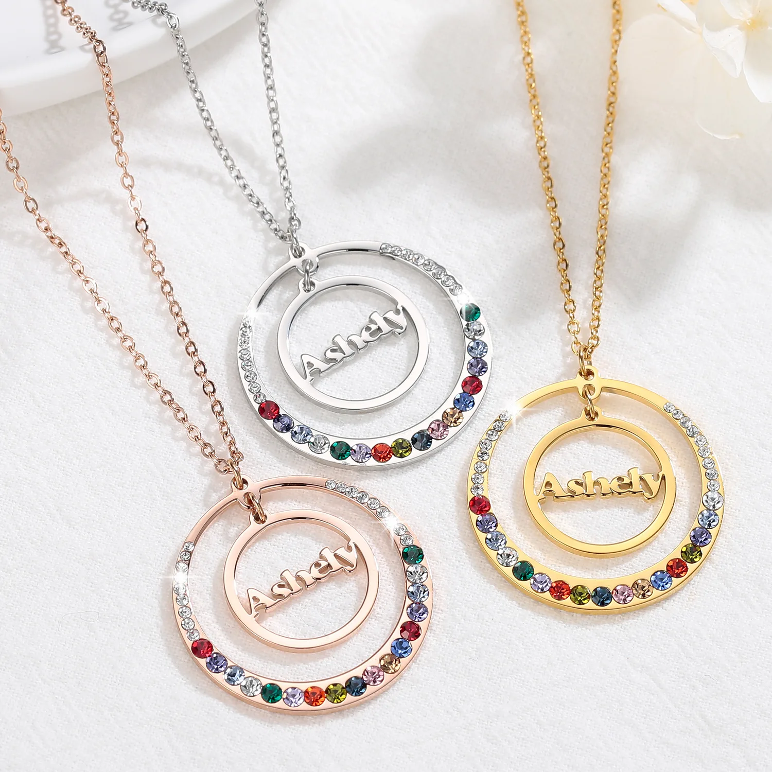 

2025 Fashion Personality Color Zircon Necklace Custom Name Double Ring Pendant Ornament Clavicle Chain Gift