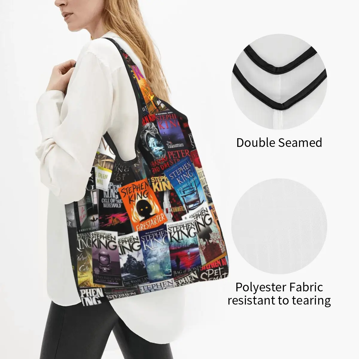 Stephen King Book Covers, Horror Bookworm Portable Tote Shopping Bags Foldable Shopper Bag Groceries Handbag Shoulder Bag