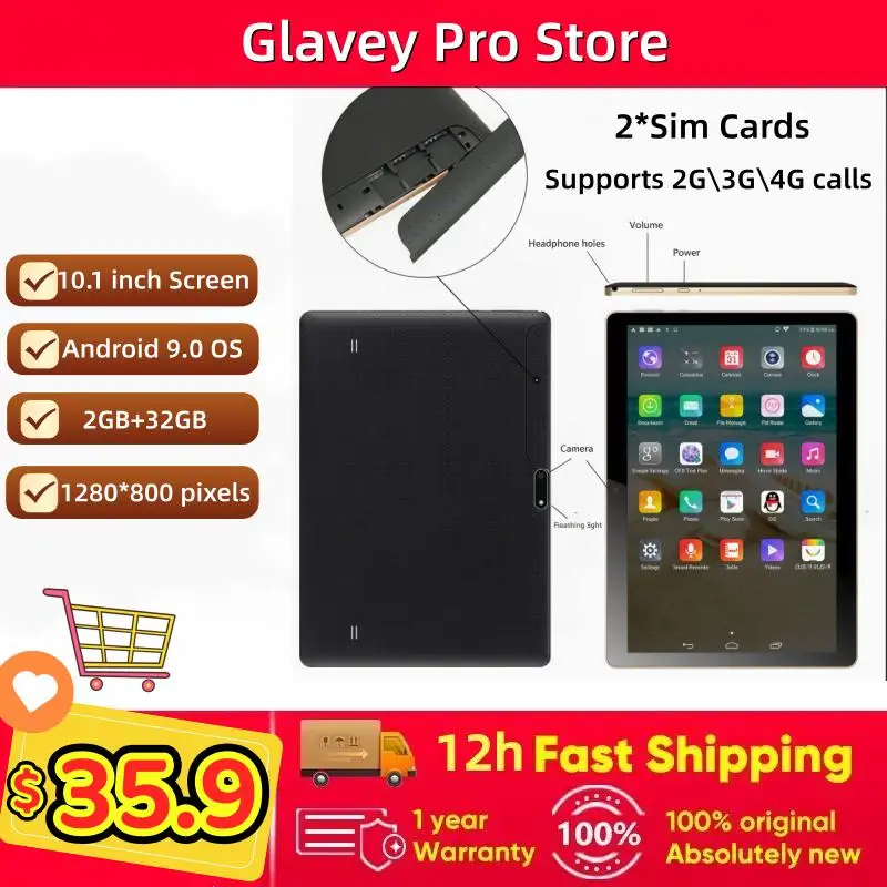 

6580 10.1" Android 9.0 Tablet PC 2GB RAM 32GB ROM MT6580 Quad-core Supports 2G\3G\4G Calls 1280 x 800 Pixels Dual Camera Type-C