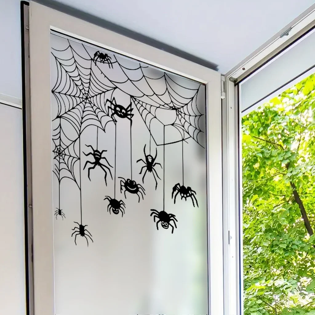 Halloween Wall Sticker Spooky Halloween Door Topper Wall Sticker Set Witch Ghost Black Cat Spiderweb Pumpkin Window for Festive view 4