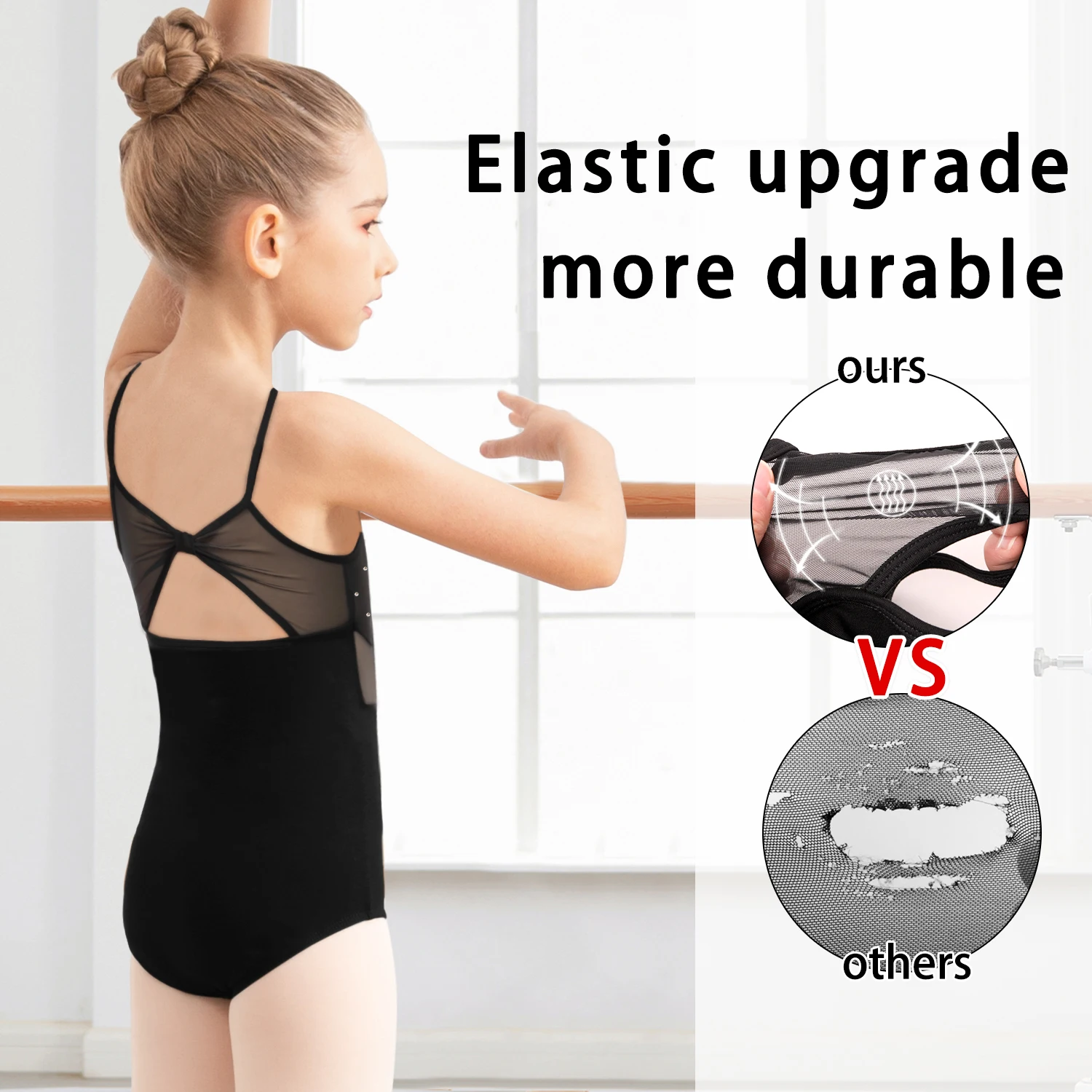 Girls Ballet Camisole Leotards for Dance Hollow Back, Shiny Front Hot Drill, Mesh Waist and Back