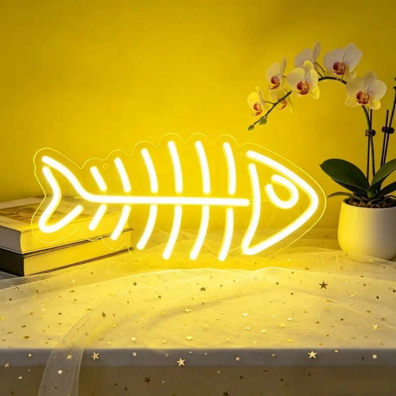 魚の骨、魚の形をしたネオンサイン、usb電源のledネオン壁飾り、明るさ調整可能、シンプルで遊び心のある雰囲気を作り出します。