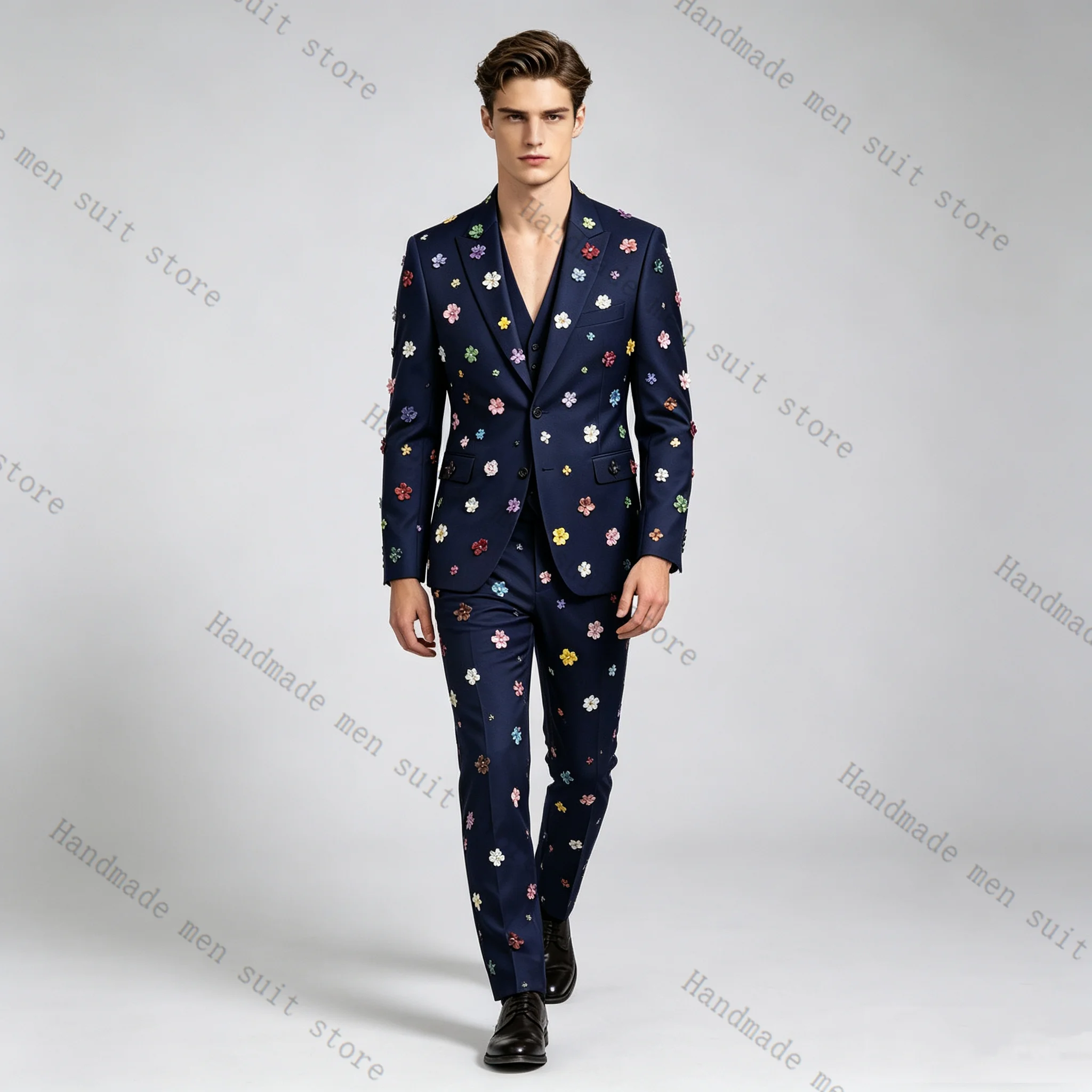 

Navy Blue Men Suit Set 2 Piece Blazer+Pants 3D Flower Cotton Prom Wedding Tuxedos Coat Customized Formal Office Fashion Jacket