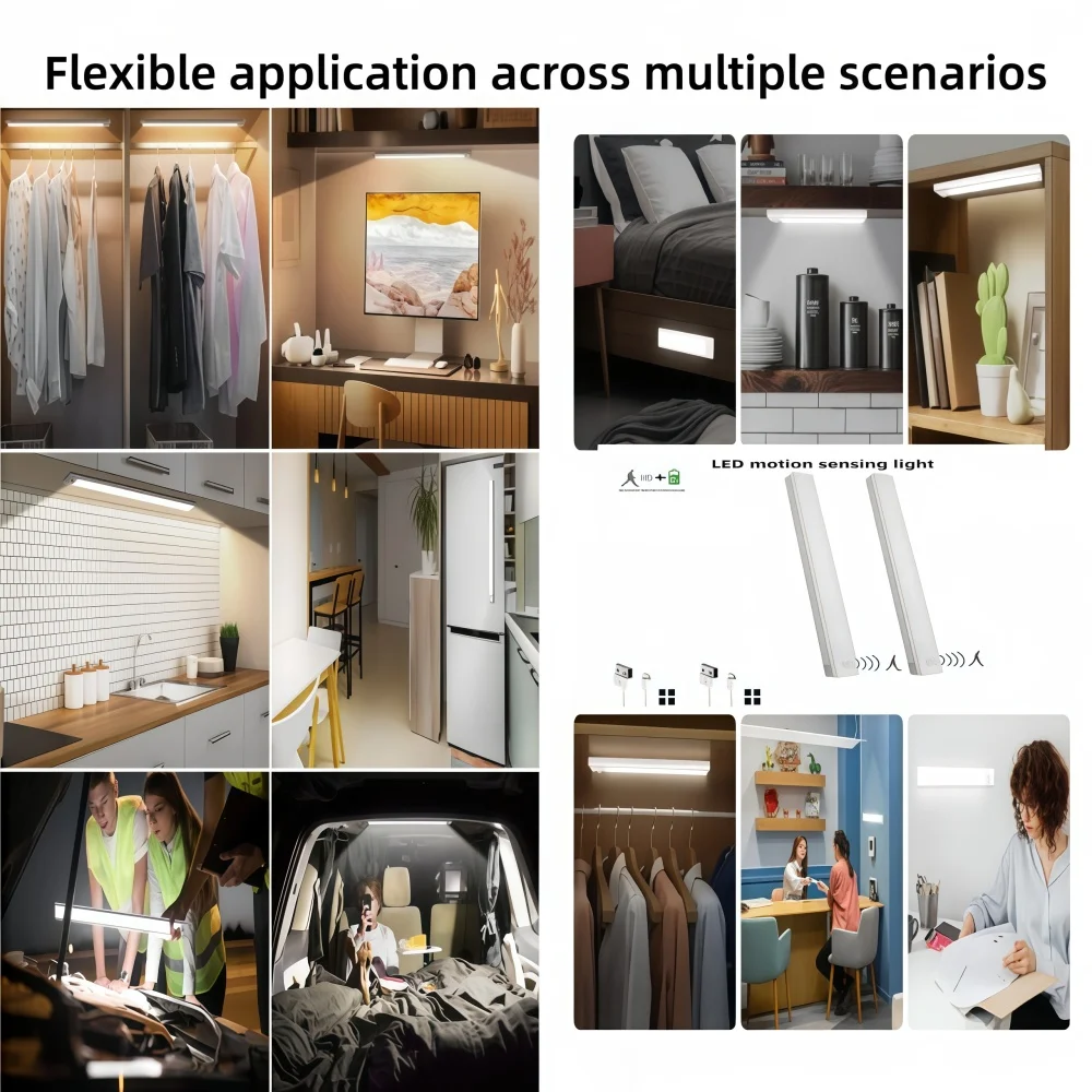 أضواء استشعار الحركة LED القابلة لإعادة الشحن، إضاءة الخزانة الداخلية، إضاءة الممر، تركيب مغناطيسي بسيط