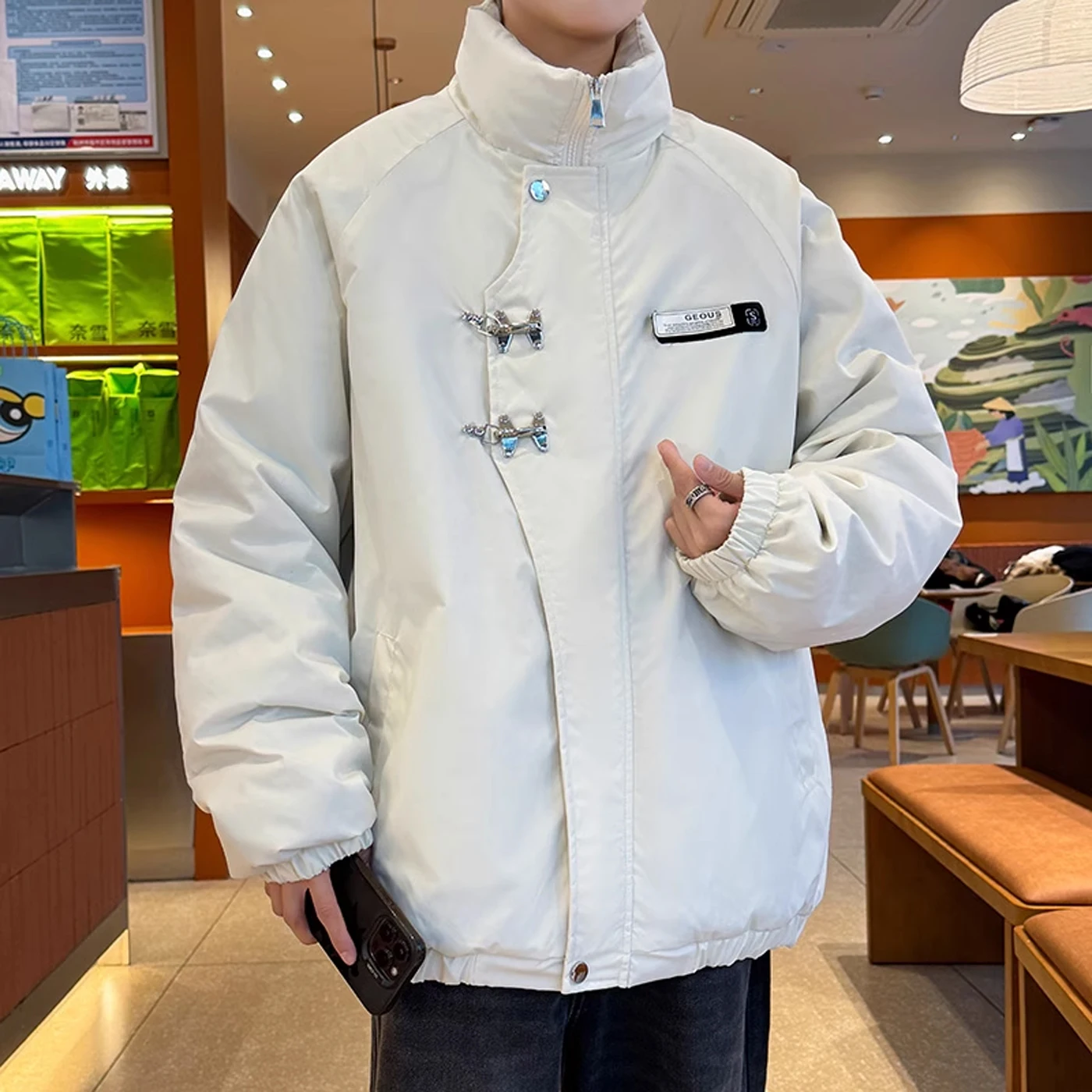 

New Chinese Sle Thiened Cotton Jaet Men's Winter Loose Fit Stand Collar Airplane Button Warm Outerwear GPOUHO