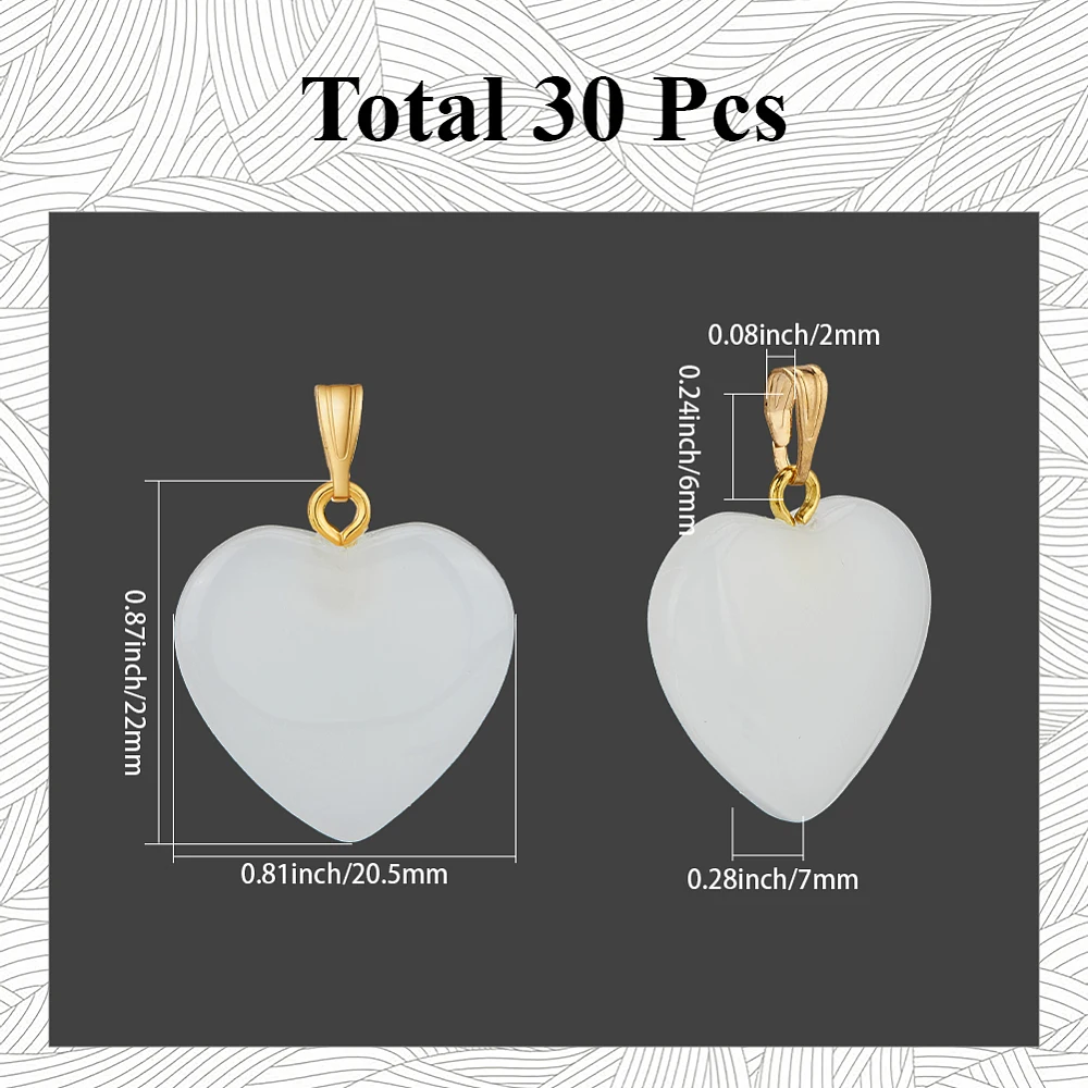 1Box 30Pcs Heart Glass Charms Imitation Jade Charm with Gold Pinch Bail Valentines Mothers Spray Painted White Love Heart Shaped