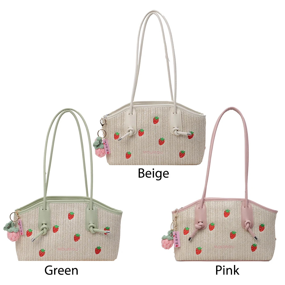 Bolsa de palha de morango com zíper para mulheres e meninas, bolsa axilas, bolsa de férias, fofa, verão