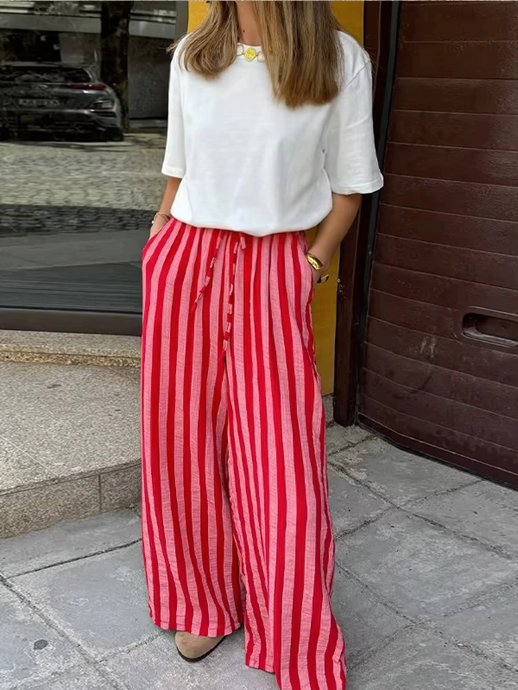 GG  Casual Striped Pants Women Loose Elastic Waist Lace Up Wide Legs Straight Trousers Female Summer New Chic Soft Pants Lady