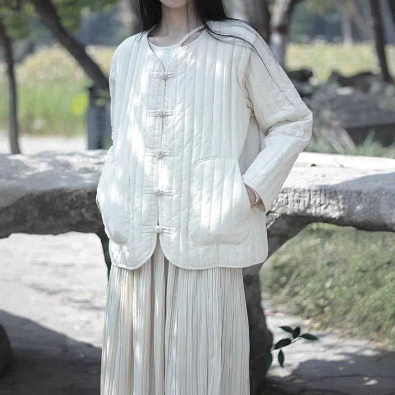 Parka à boutons de Style chinois pour femmes, col en v, manches longues, couleur unie, manteaux d'hiver, poches amples en Patchwork, nouvelle collection 2025