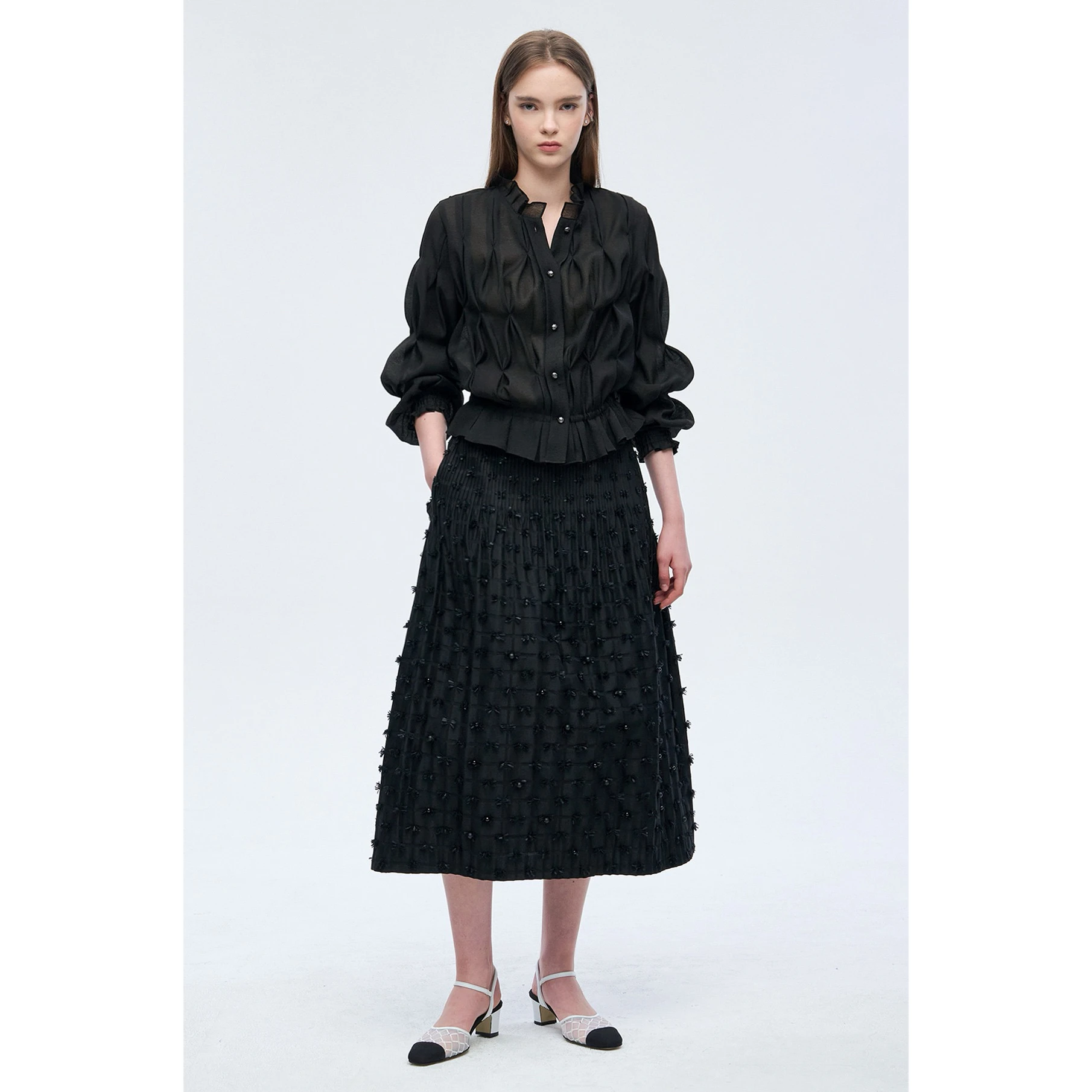 

Элегантная рубашка Lemon Cheese Obz26, весенняя модная плиссированная рубашка с воротником, универсальная женская рубашка с длинными рукавами, однотонный топ