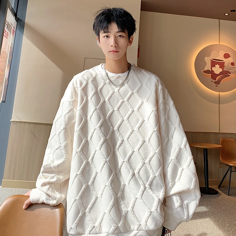 

Молодежная мужская толстовка без капюшона с ромбовидным узором, весенне-осенняя, в американском ретро-стиле, больших размеров, для ношения под одеждой, повседневная, свободного кроя