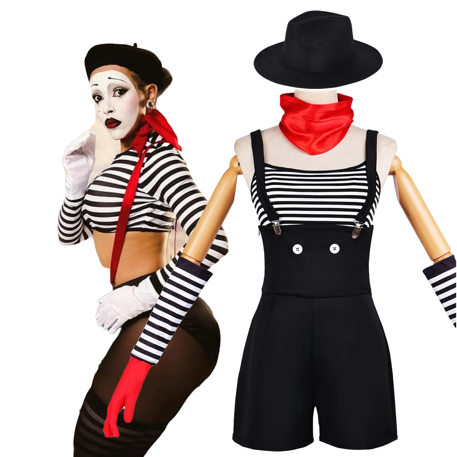Costume de cosplay Mime et Dash, T-shirt rétro rayé noir, pantalon court, tenue pour femme, pour spectacle de fête de carnaval ou d'Halloween.