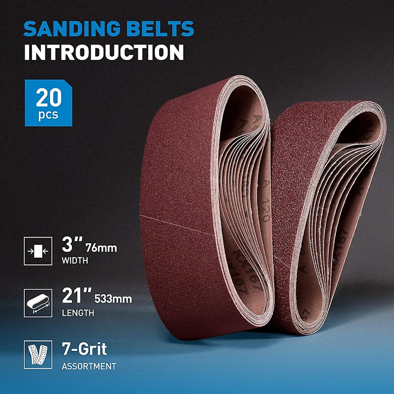20Pcs 533*75mm Sanding Belts Mixed Grit 60-400# 3x21 Inch Abrasive Sandpaper for Belt Sander Wood & Soft Metal Polishing