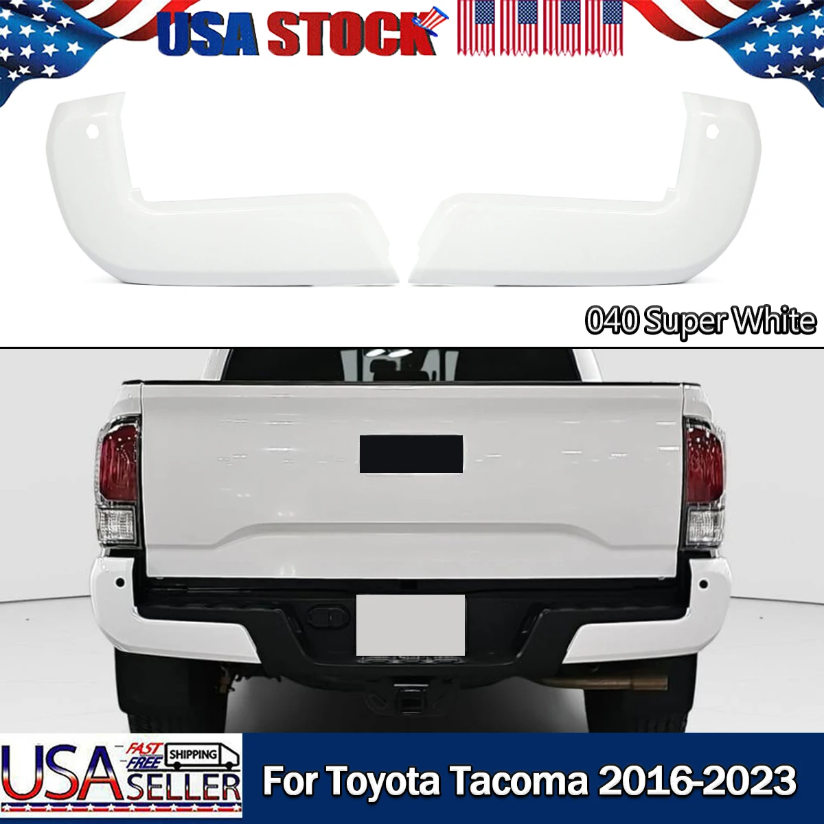 

040 Super White Rear Bumper End Caps W/ Sensor Hole For Toyota Tacoma 2016-2023 1Pair Rear Bumper Lower End Cap Left+Right Plastic