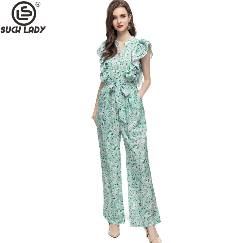 Women's Runway Jumpsuits& Rompers V Neck Sleeveless Ruffles Printed Lace Up Bow Floral High Street Fashion Designer Pants